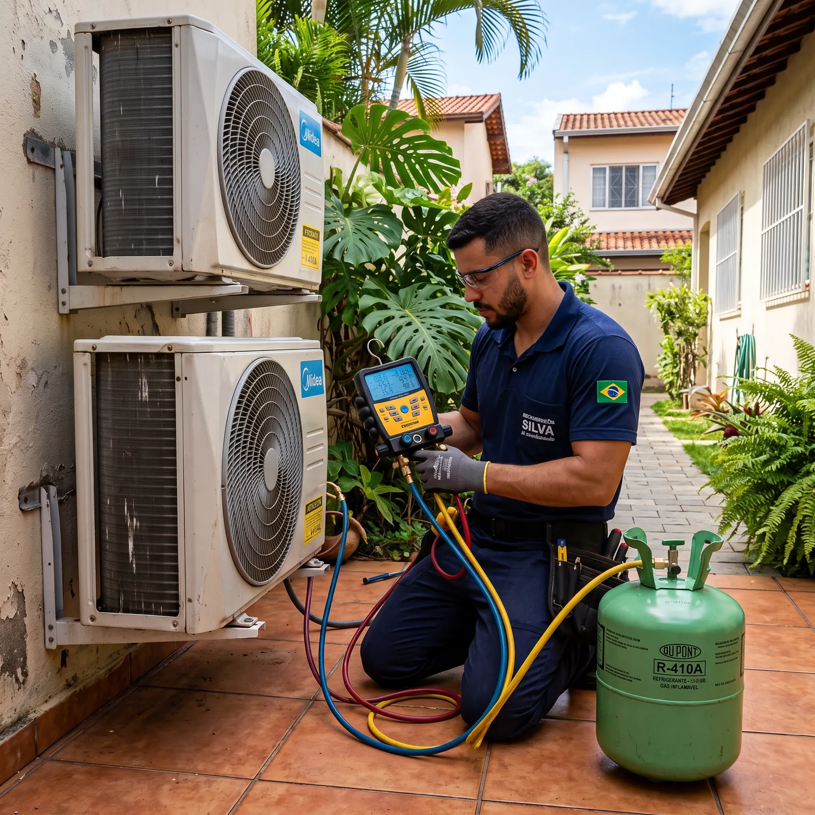 Verificação de pressão e recarga de gás refrigerante