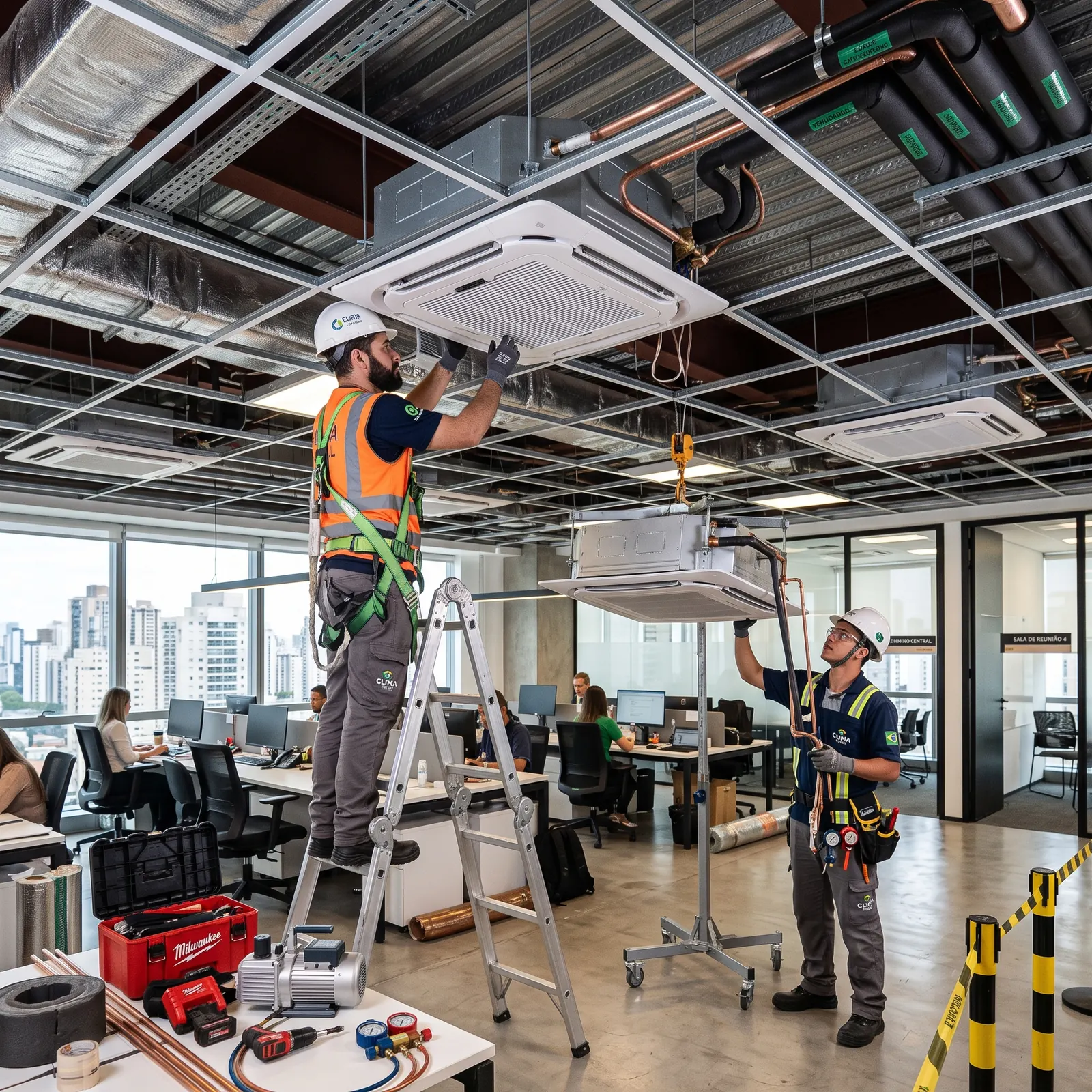 Equipe instalando ar-condicionado em ambiente comercial